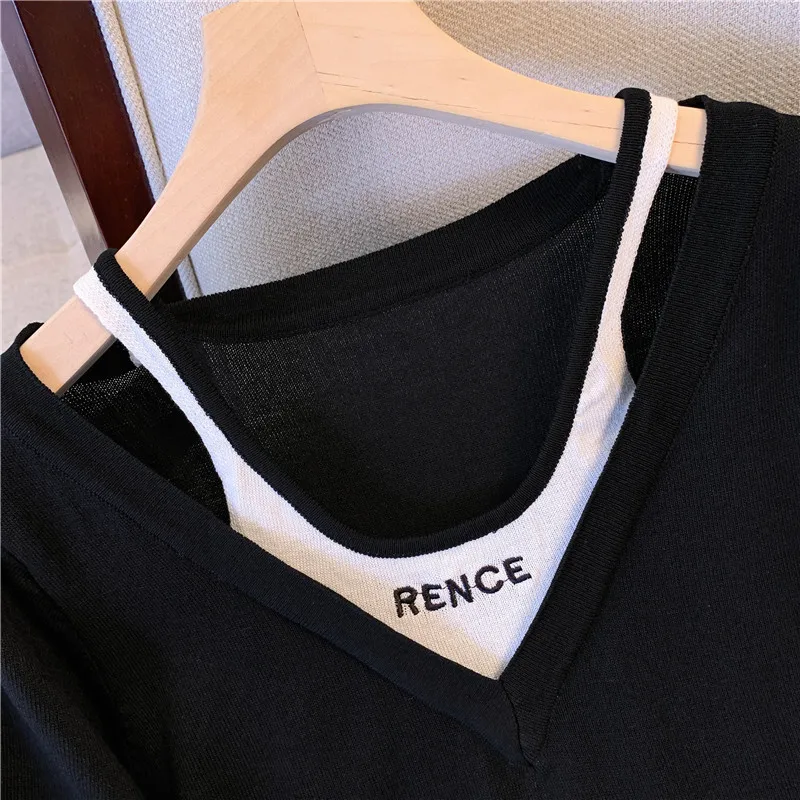 2023 Summer Korean Clothes Fake Two Pieces Cotton T-Shirt Chic Sexy O-Neck Hollow Out Stripe Women Tops Short Sleeve Tees