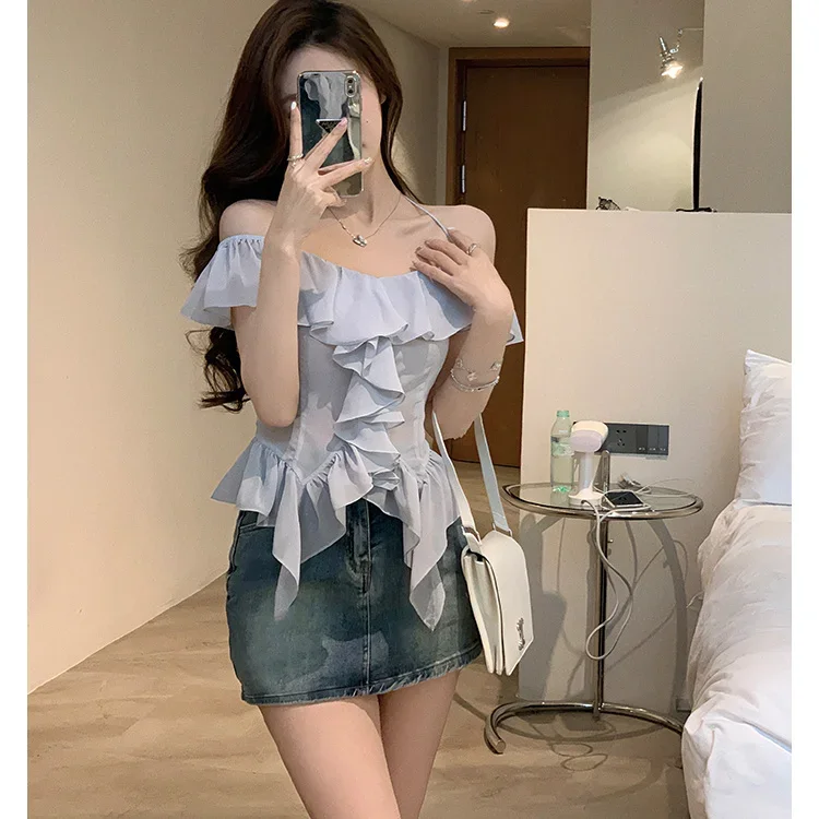 

Irregular Black Ears Shirt Women's Design Niche Slim and Chic Mesh E9704