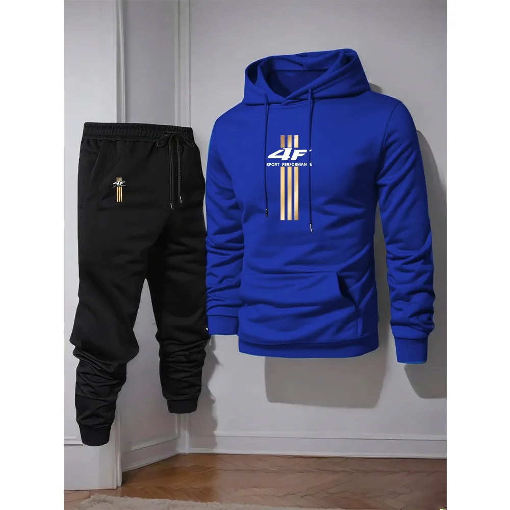 Men'S Casual Hoodie & Sweatpants Set - "4F" Graphic Print, Polyester Knit, Elastic Waistband, Geometric Pattern, Regular Fit,