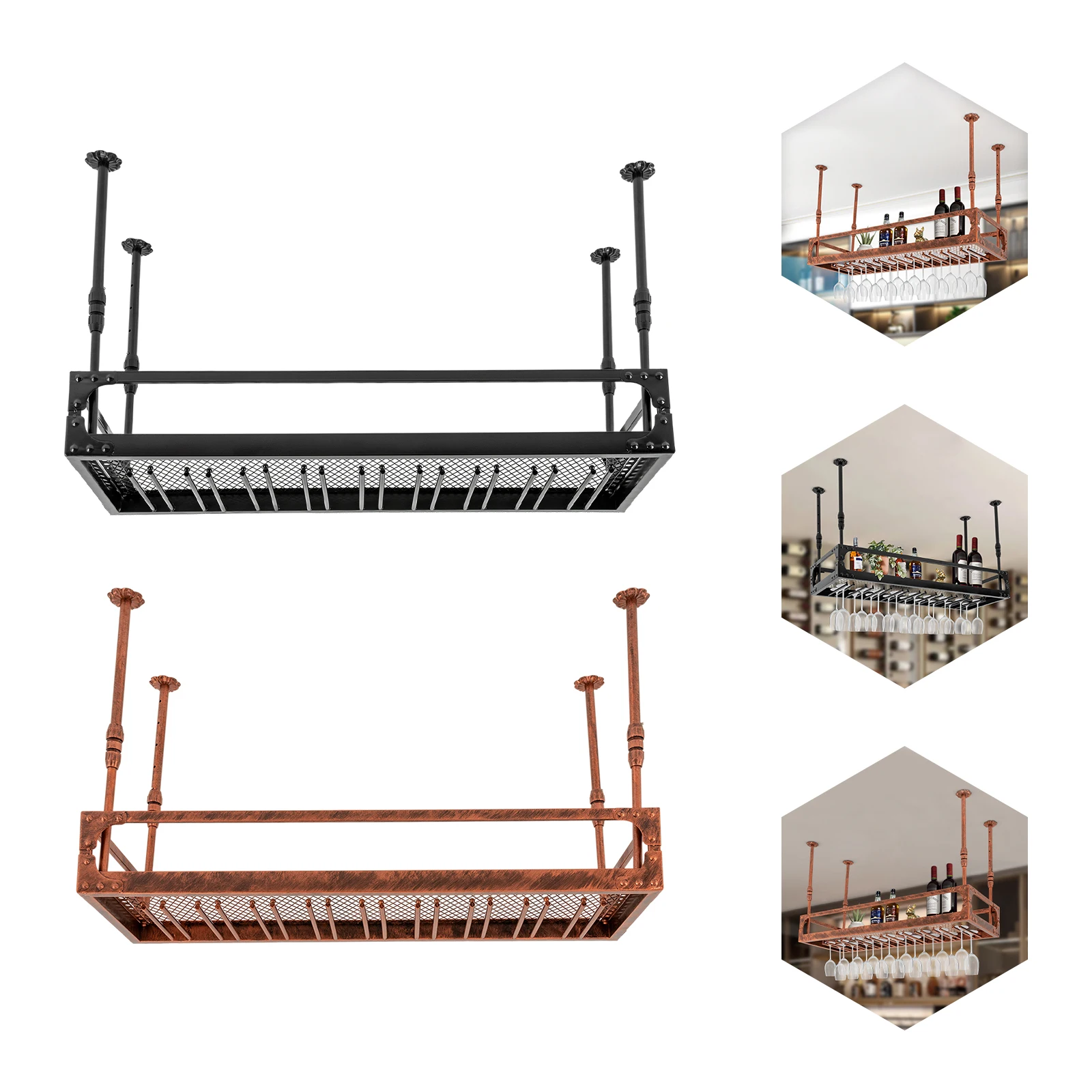 

100cm Vintage Bar Floating Shelf Ceiling Mounted Hanging Wine Bottle Holder Shelf Champagne Glass Rack for Bar Home Decor