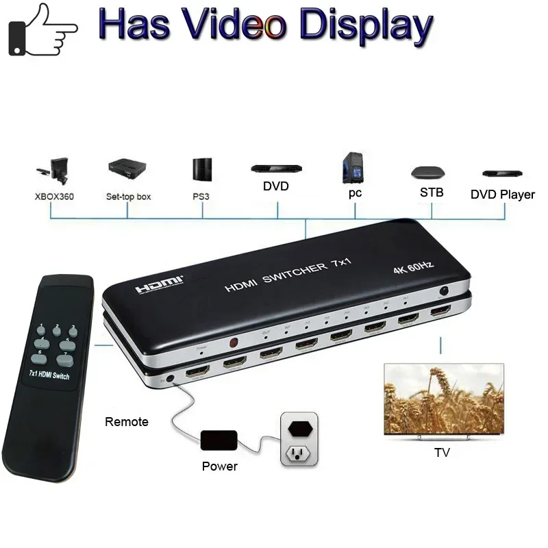 HDMI Switch 7x1 Switcher 4K 60Hz Video Converter 7 To 1 Display Adapter 3D 4K for DVD Camera Laptop PC To TV Monitor Projector