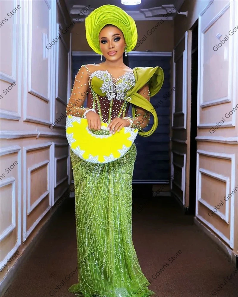 فساتين سهرة رسمية طويلة حورية البحر باللون الأخضر الأفريقي ترتر سباركلي Aso Ebi النيجيري لحفلات الزفاف والحفلات الراقصة حسب الطلب