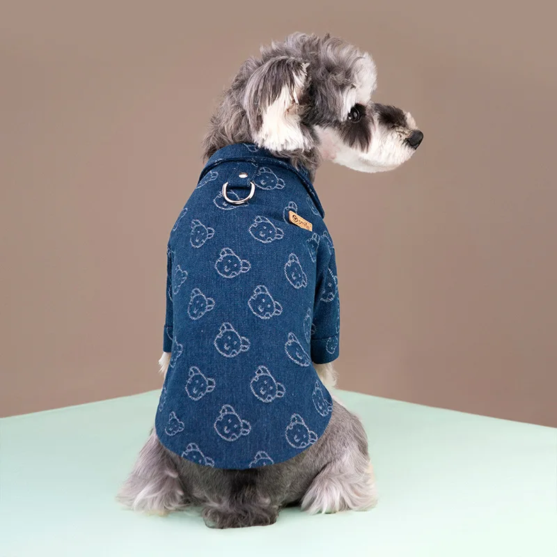 Autumn Winter Dog Denim Shirt Fashion Dog Warm Clothes Bear Print Dog Jean Vest Chihuahua Bichon Pet Clothing Puppy Costume