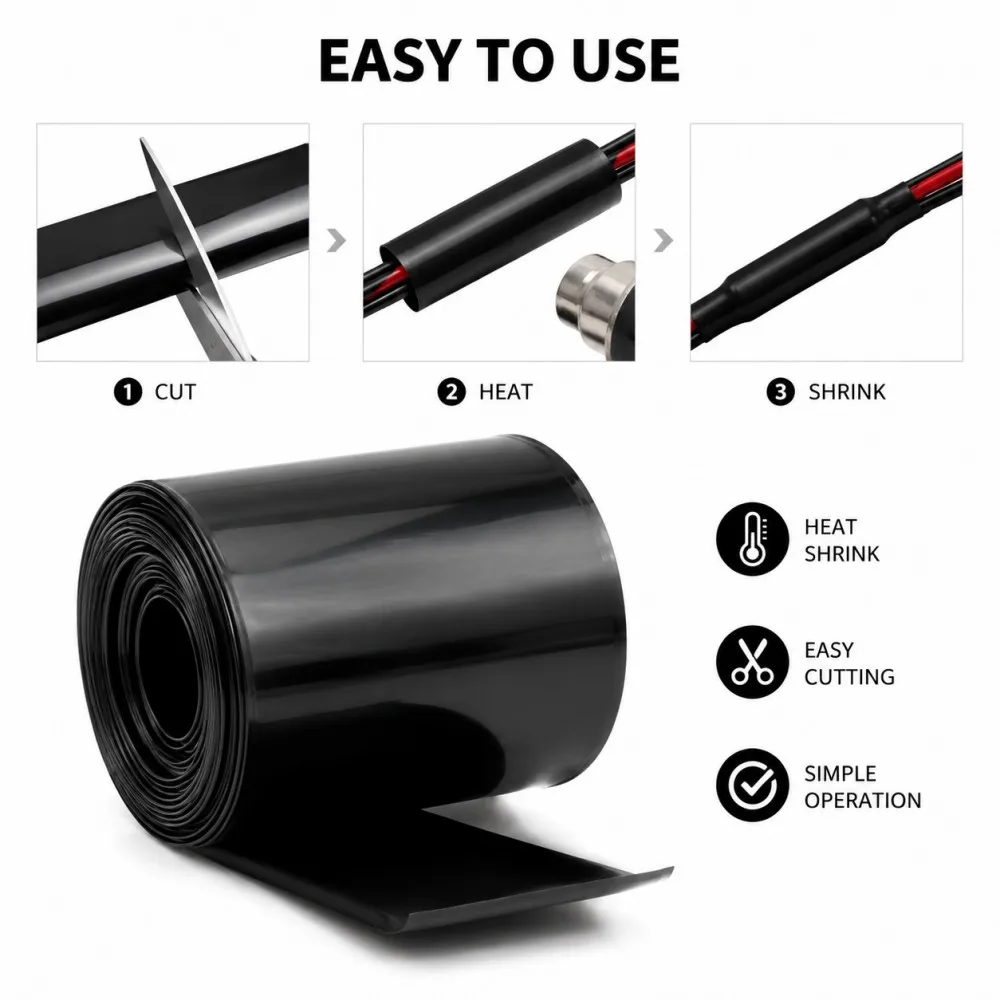 18650 Lithium Battery Black PVC Heat Shrink Tube 30mm-100mm Wide Insulation Protective Sleeve Battery Pack Wrapping Shrink Film