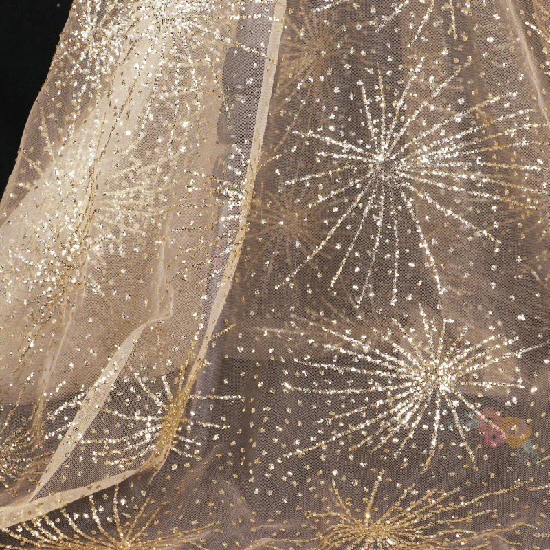 Glitter Sprinkled Gold Firework Sequin Mesh Tulle Fabric High Quality Wedding Background Veil Clothing Decoration Net Fabric