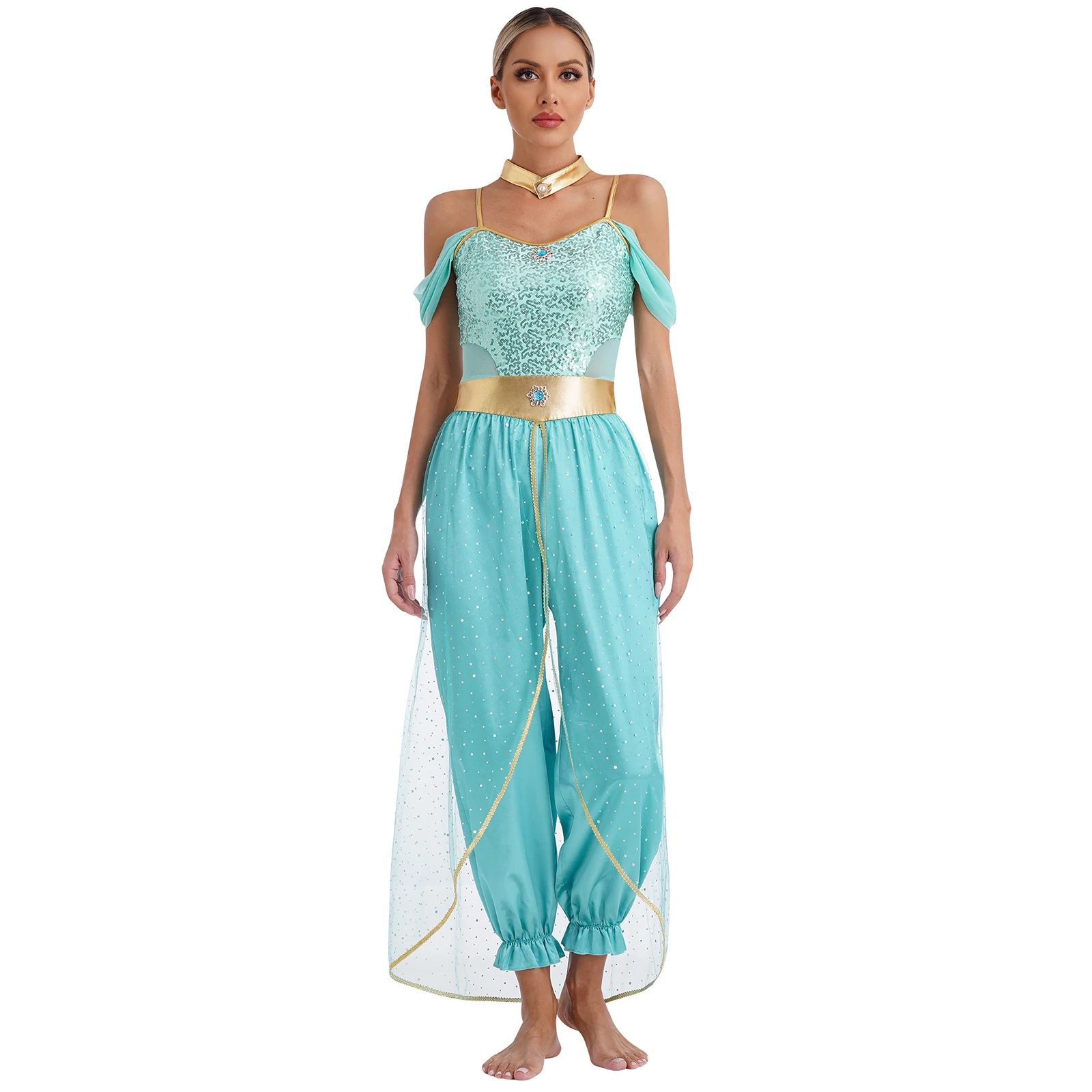 Womens Belly Dance Arabian Princess Circus Parade Cosplay Costume Gems Adorned Sequin Romper with Metallic Shiny Choker Collar