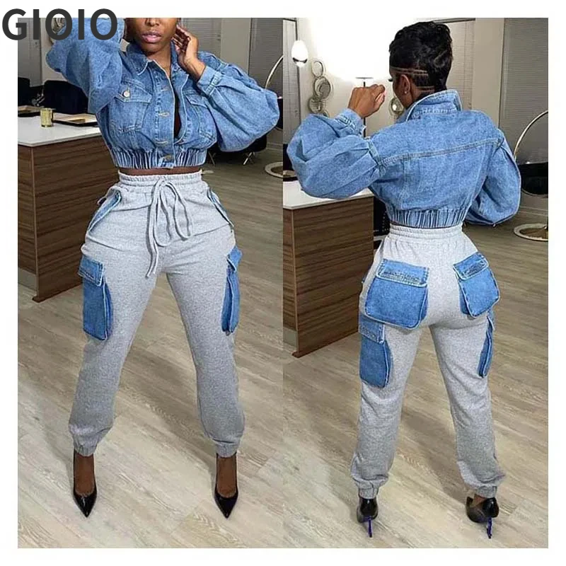 GIOIO Women Streetwear Fashion Denim Patchwork Winter Cargo Pants