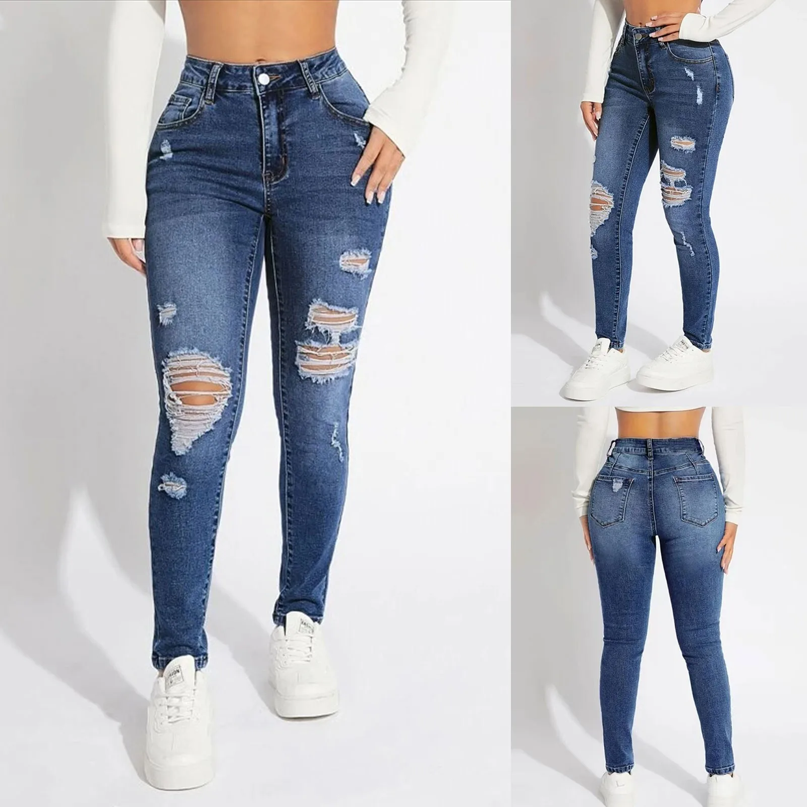 2024 High Waist Ripped Jeans For Women Fashion Stretch Skinny Denim Pencil Pants Female Casual Slim Fit Trousers