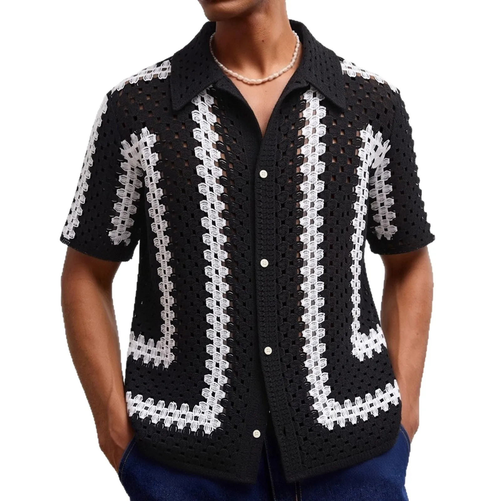 Men's luxury fashion top with black and white contrasting stripes, hollowed out crochet knit sweater, casual cardigan, polo shir