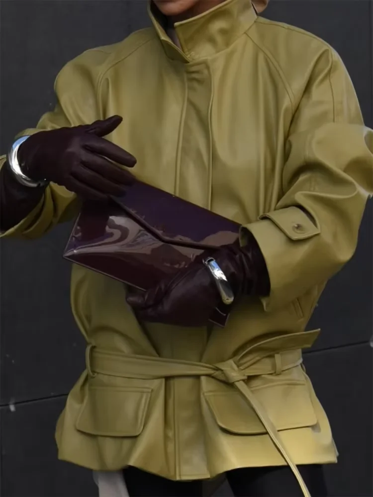 

Oversized Edgy Olive Green Faux Leather Jackets Belted Waist Stand Collar Flap Pocket Coat Fashion Forward Casual Outerwear 2026