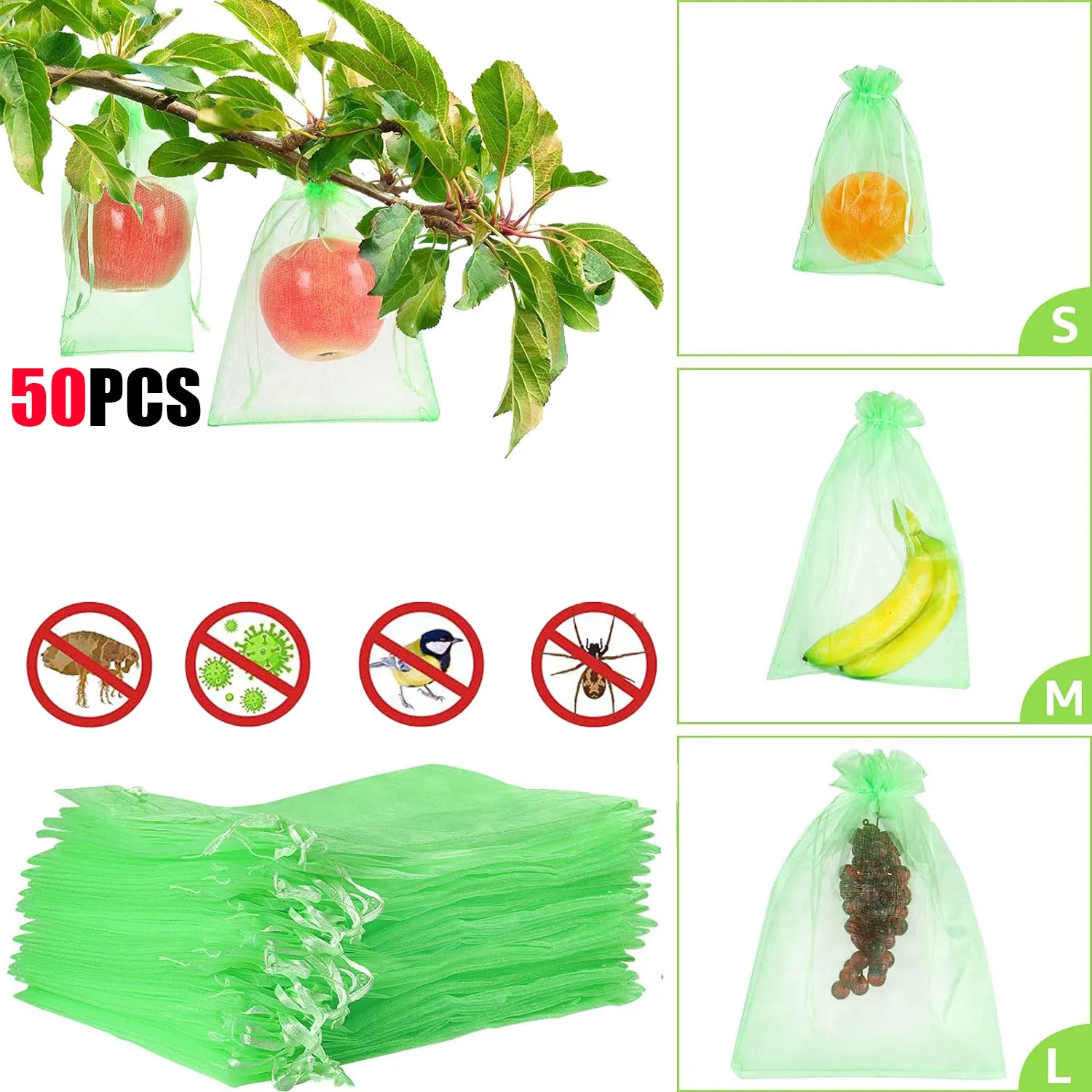 Sacs de protection des plantes et des fruits, filet de culture, contrôle de la croissance des plantes, sacs à ficelle de proximité de jardinage, filet anti-oiseaux, outil de jardin, 50 pièces