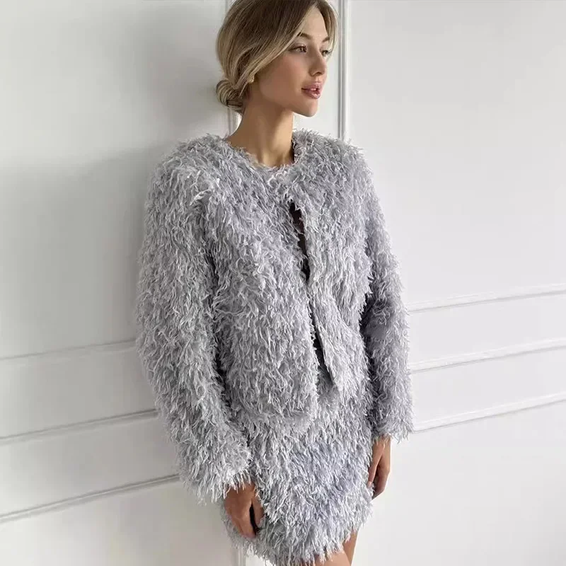 New Women 2 Piece Set Casual Fluffy Tassel Long Sleeve O-neck Cardigan Coat A-line Skirt Fall Winter Lady All-matching Outfits