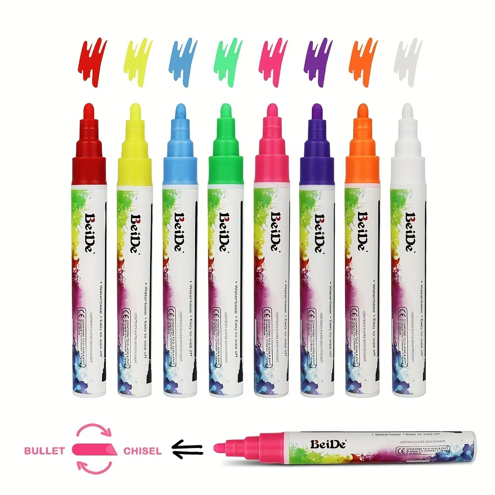 Bold 6mm Tip 8 Vibrant/Pastel Chalk Marker Pen, Erasable Water-Based Reversible Tips for Kids & Adults for Glass and Chalkboard