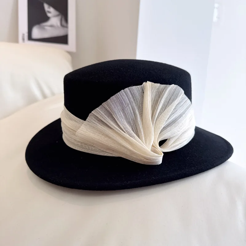 High quality Hepburn style silk hemp fan-shaped bow flat hat 100% Australian wool felt hat French banquet top hat