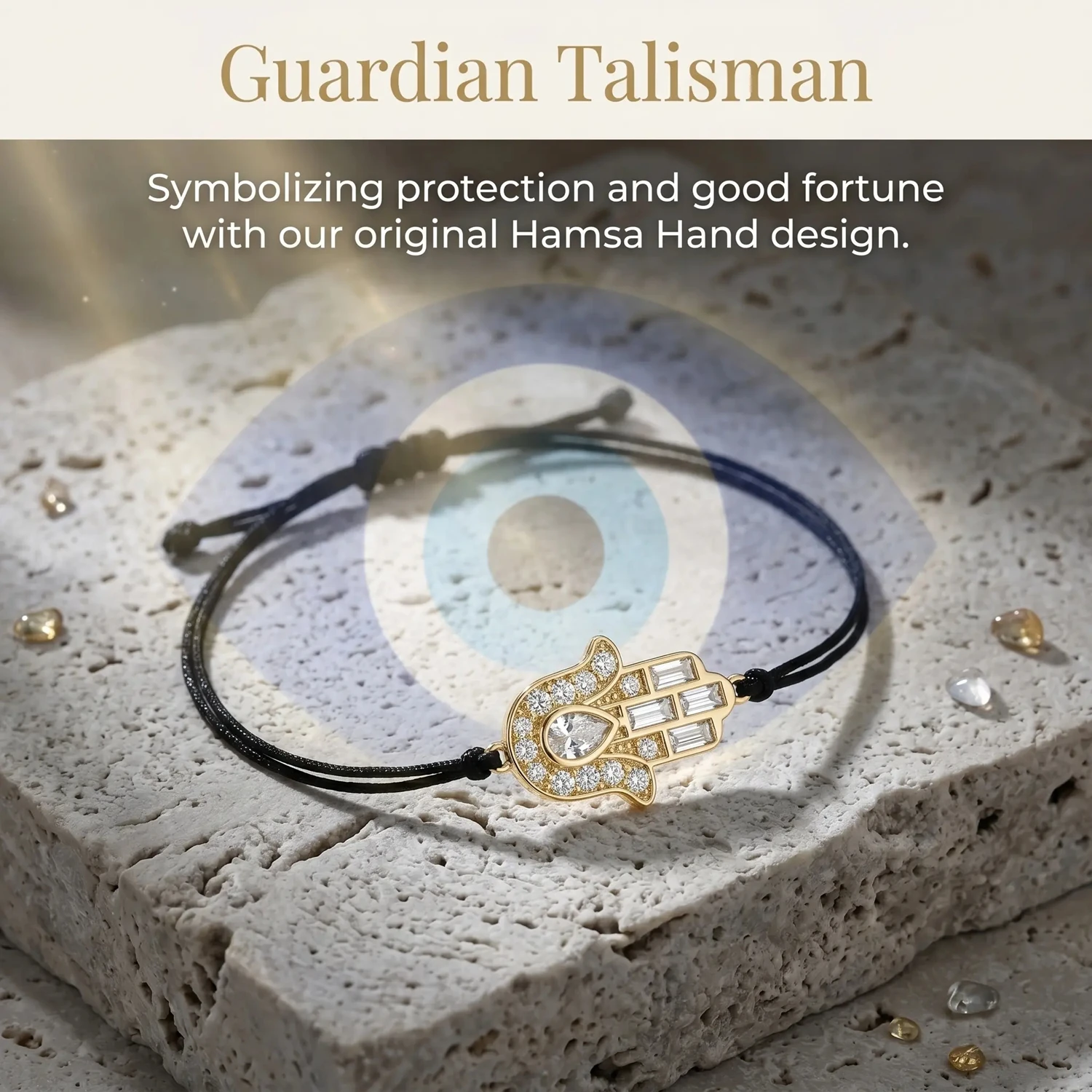 Moonmory Original 18K Vergoldetes Messing Hamsa-Hand Armband mit Marquise-, Birnen- und Baguette-Zirkonia, Schwarz, Verstellbares Kordelarmband mit Schutzauge – Detail 4