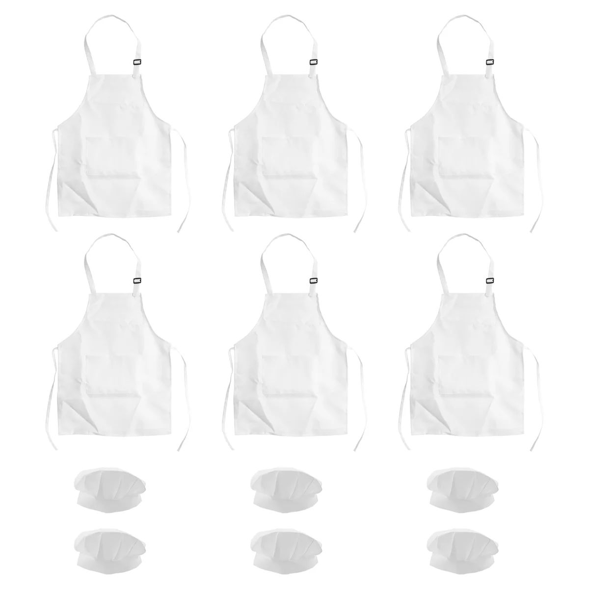 XFDE 12-Piece Apron and Chef Hat Set, Adjustable Children's Apron with Pockets (White, Suitable for 2-6 Year Old S)