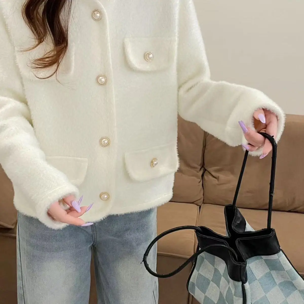 Dames faux nertsbont gebreid vest 2025, herfst winter trui met lange mouwen, mode bovenkleding