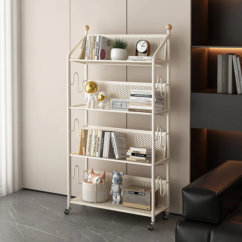 

Cream Wind Movable Bookshelf Floor Shelf Children's Simple Bookcase Multifunctional Wrought Iron Cart Storage Rack