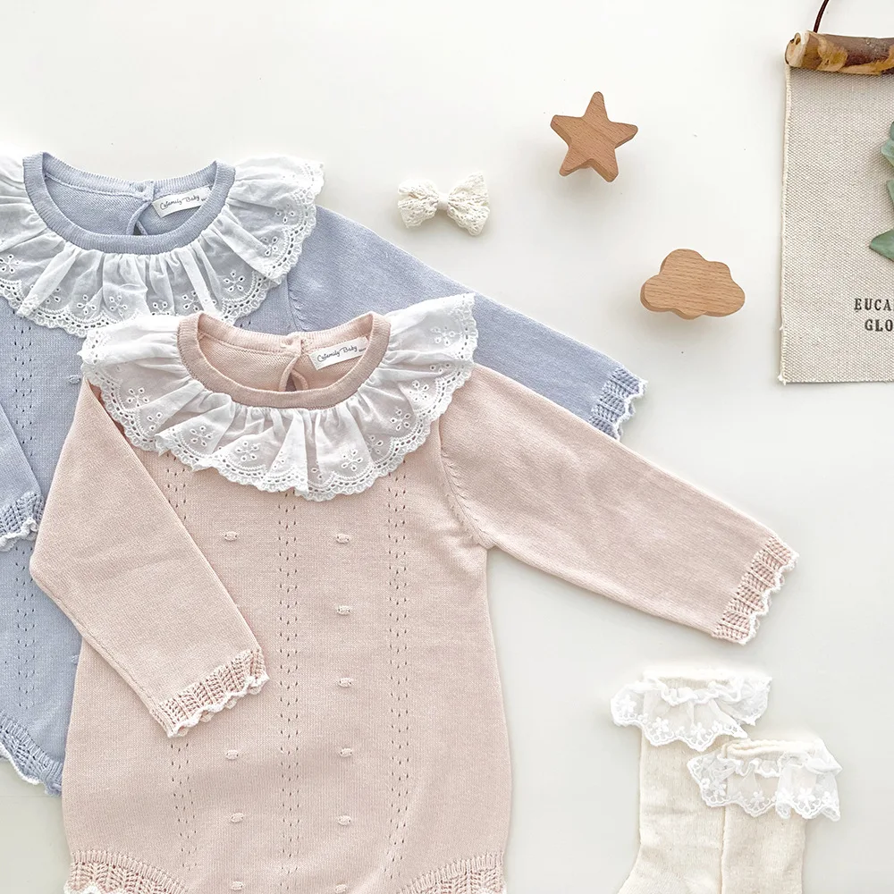 MILANCEL New Autumn Baby Bodysuit 3-24M Sweet Solid Color Girls Toddler Jumpsuit Korean Loose Infant Lace Collar One Piece