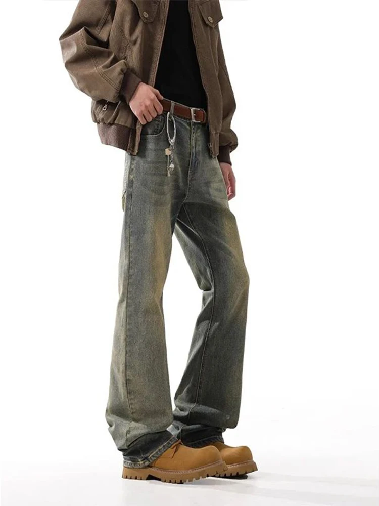 

Мужские джинсы-клеш в ретро-стиле, синие, осенне-зимние, модные, в стиле Cleanfit, для уличного стиля, с эффектом потертости, прямые, длинные, из хлопка и полиэстера...