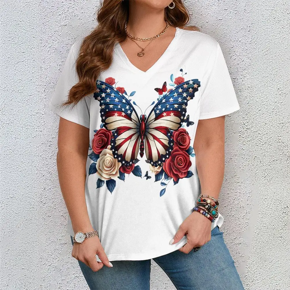 

Butterfly Print United States Flag Pattern Women's T-shirts Fashion New V-neck T shirt Summer Women Clothing Short Sleeves Tops