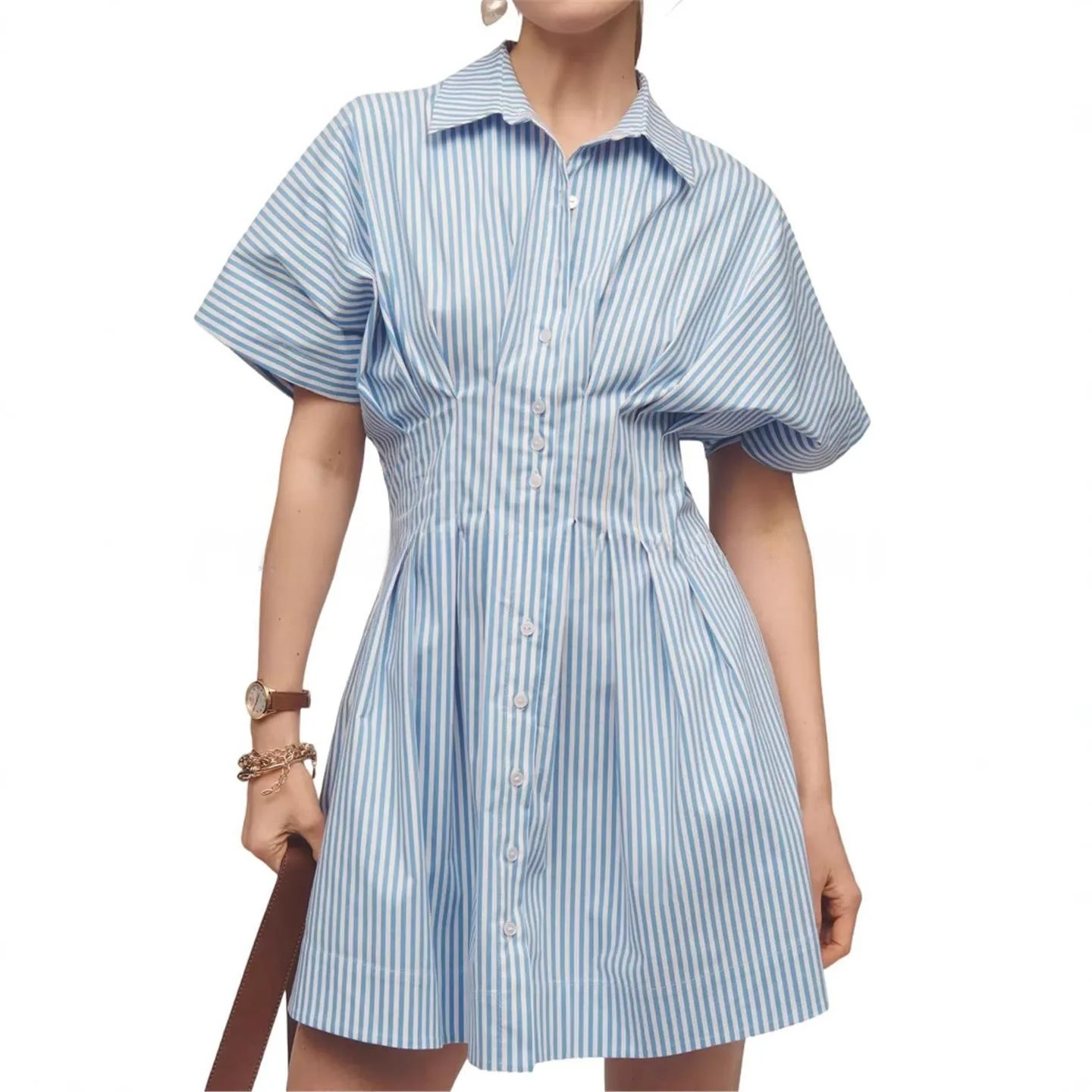 2025 nouvelle rayure multi-bleu plissé ket minceur lâche irt Dr européen Sle ort Sve femmes Faion minceur