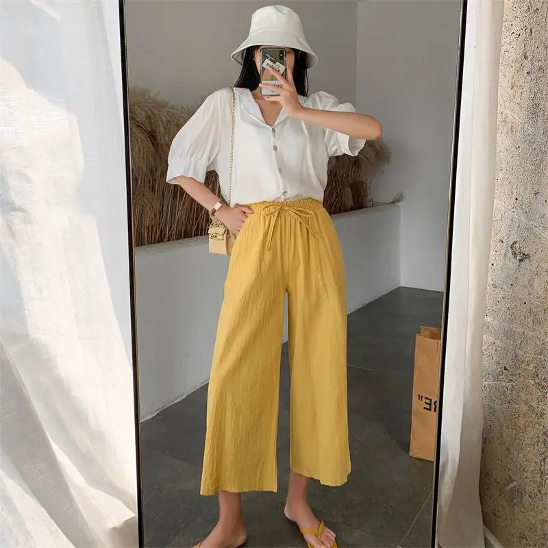 Cotton Linen Summer Pants Women Solid Color High Waist Lace-up Multi-color Ankle-Length Pants Breathable Loose Wide-leg Pants