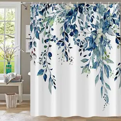 Blue Eucalyptus Leaves Shower Curtains Watercolor Flowers Plant Leaf Bath Curtain Set Polyester Fabric Bathroom Decor with Hooks