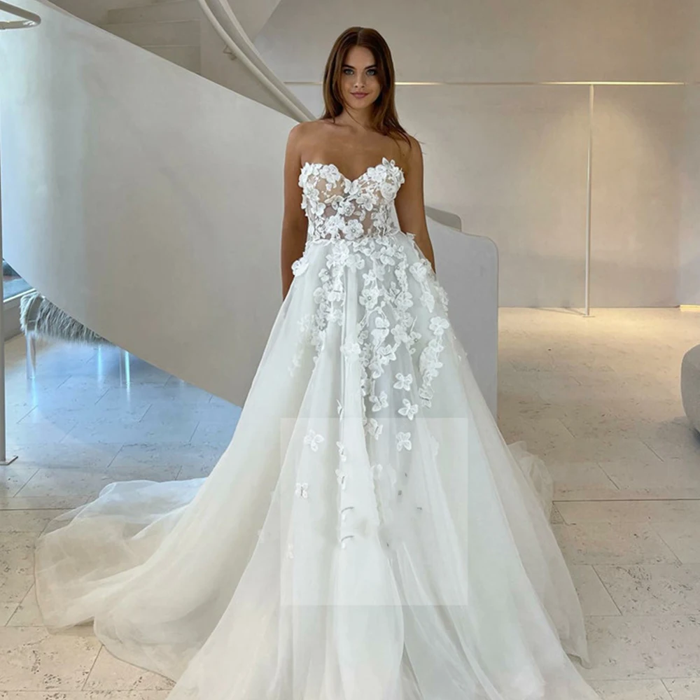 Vestido De novia con flores De encaje 3D, traje De novia De línea A, cuello De corazón, apliques personalizados para medir, impresionante