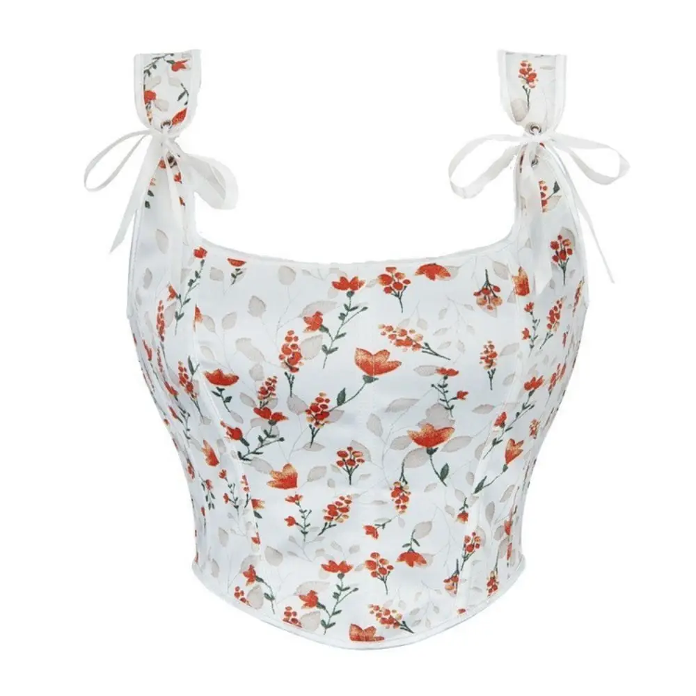Weißes Damen-Korsett-Top mit Blumenmuster, Schulterriemen zum Binden und Schnürung am Rücken, Taillenformer im Cottagecore-Stil