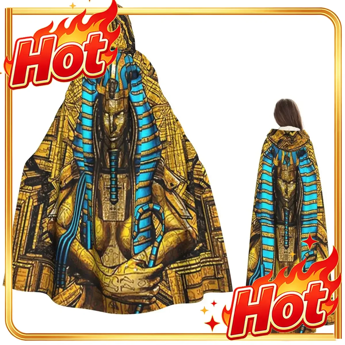 Egyptian Pharaoh With Golden Crown Illustration Long Hooded Cloak Witch Medieval Costume Cosplay Cape HalloweenVampire Unisex