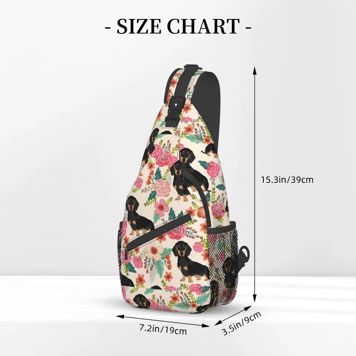 Floral Dachshund Dog Sling Bag, Mochila de ombro crossbody peito, Mochilas esportivas ao ar livre, Animal Cartoon Satchel Fashion