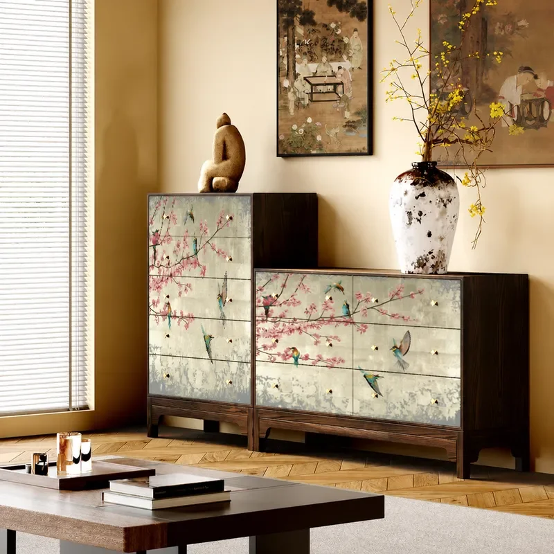 Song Dynasty Style Flower Bird Solid Wood Chest Cabinet Living Room Storage Decorative Locker Bedroom Bedside Drawer Unit