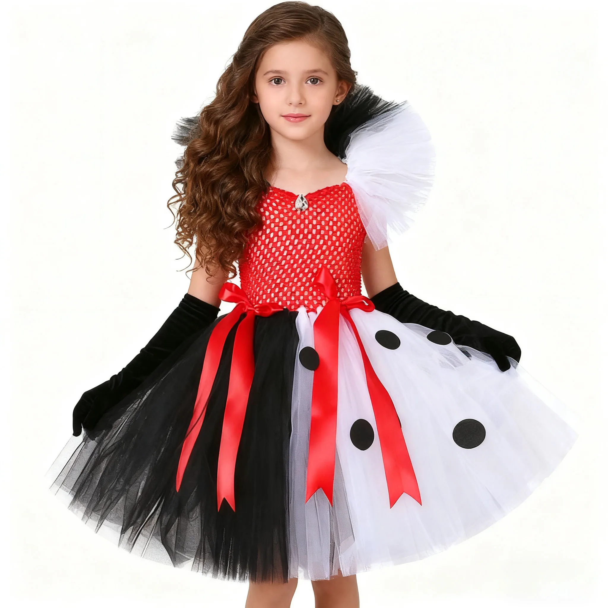 

Black White Dress For Girls Polka Dots Mesh Kids Clothes Children Halloween Party With Gloves,Necklace,Feather Headdress Dress