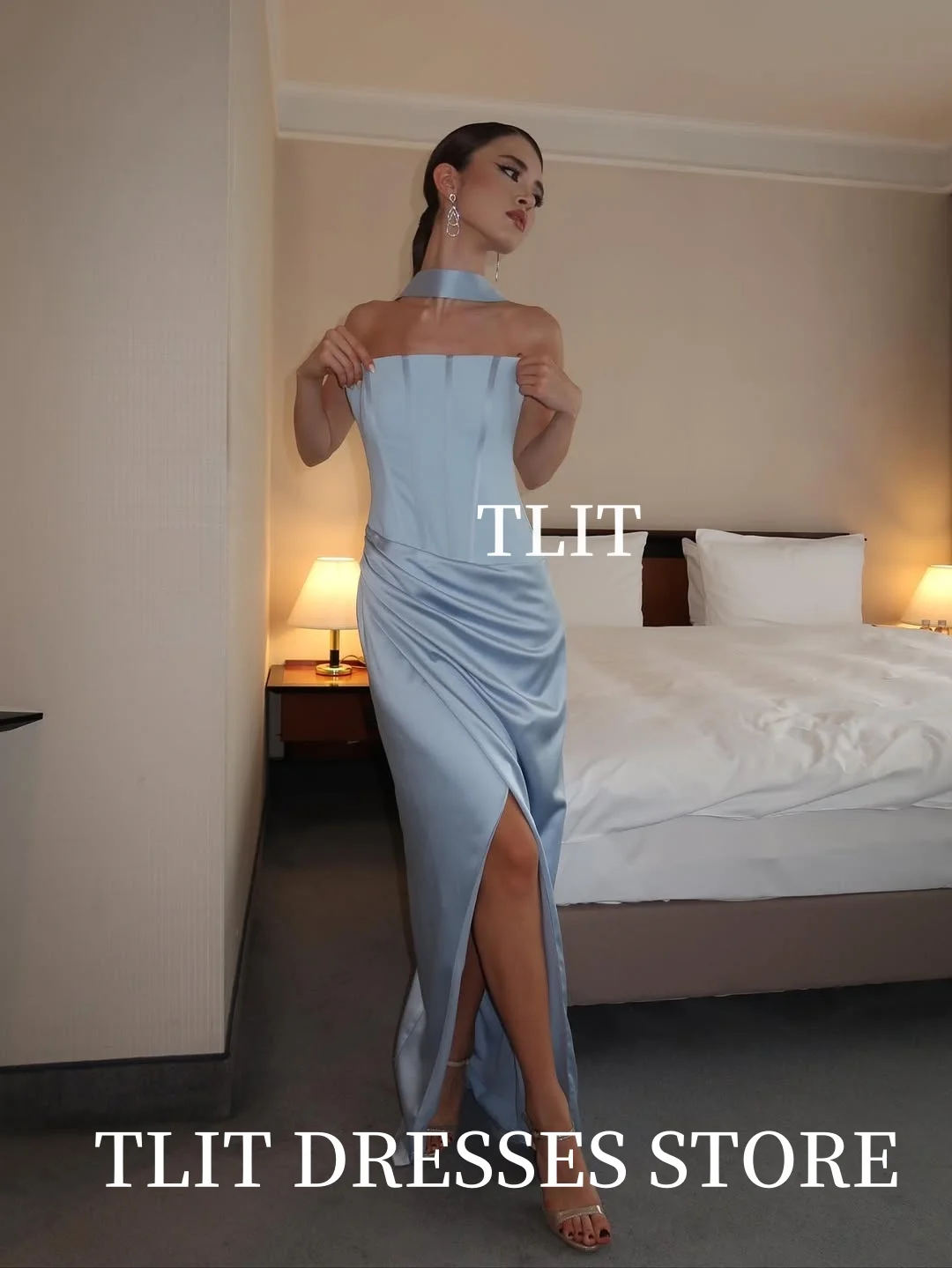 فساتين سهرة بسيطة من الساتان والحرير الأزرق للأطفال من TLIT مخصصة بفتحة جانبية عالية بدون حمالات فساتين حفلات