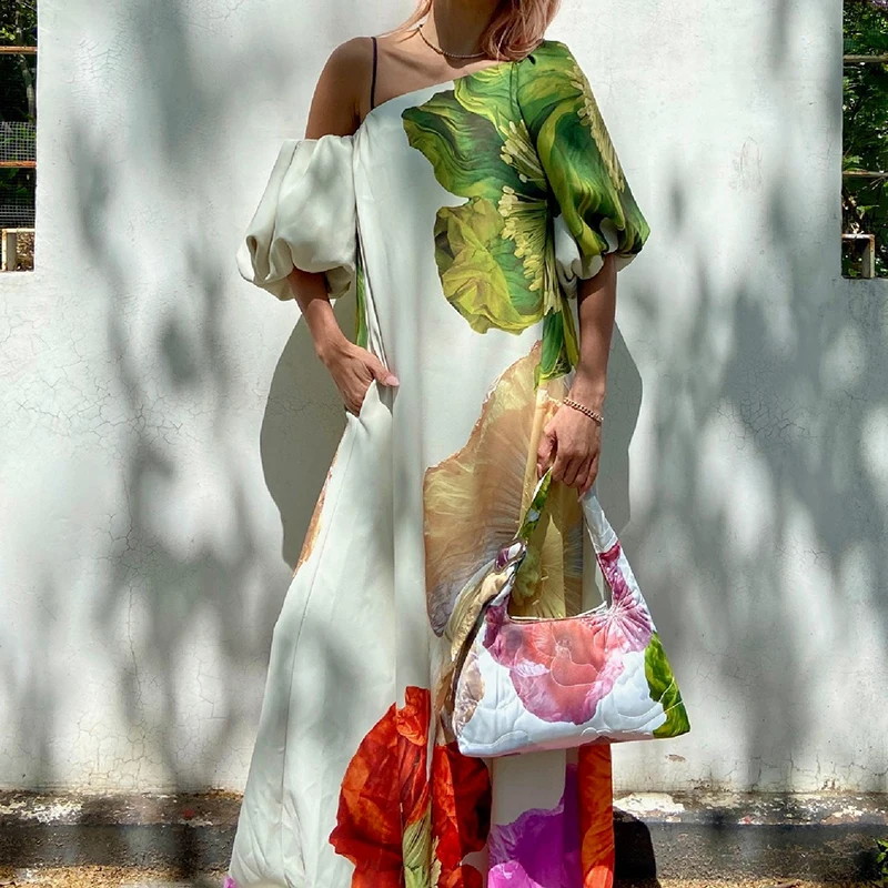 Sexy ombro inclinado férias vestido de festa feminino casual mangas puff solto bohe vestido moda posicionamento impressão drapeado vestido longo