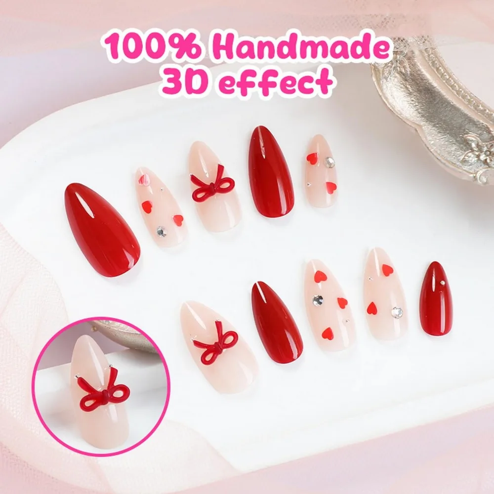 Short Almond Press-On Nails with Valentine's Day Red Nude Colors, Heart Rhinestones, and Bow Designs for Women