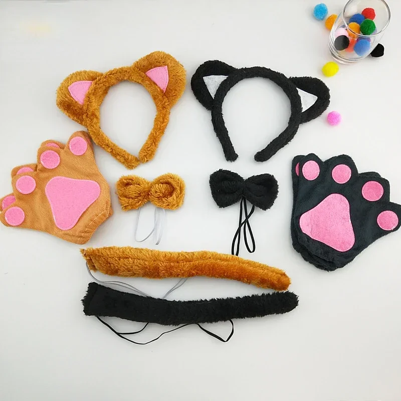 Halloween Cosplay Party Cat Ear Headband Tail Bowtie Gloves Costume Accessories for Women Girls Adult Kids