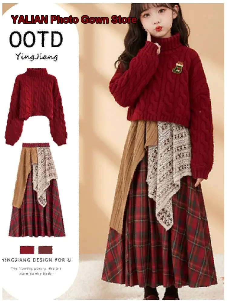 Girls Two-Piece Set Big Kids Winter Elegant Dress Set Solid Color Warm Thickened Older Kids
