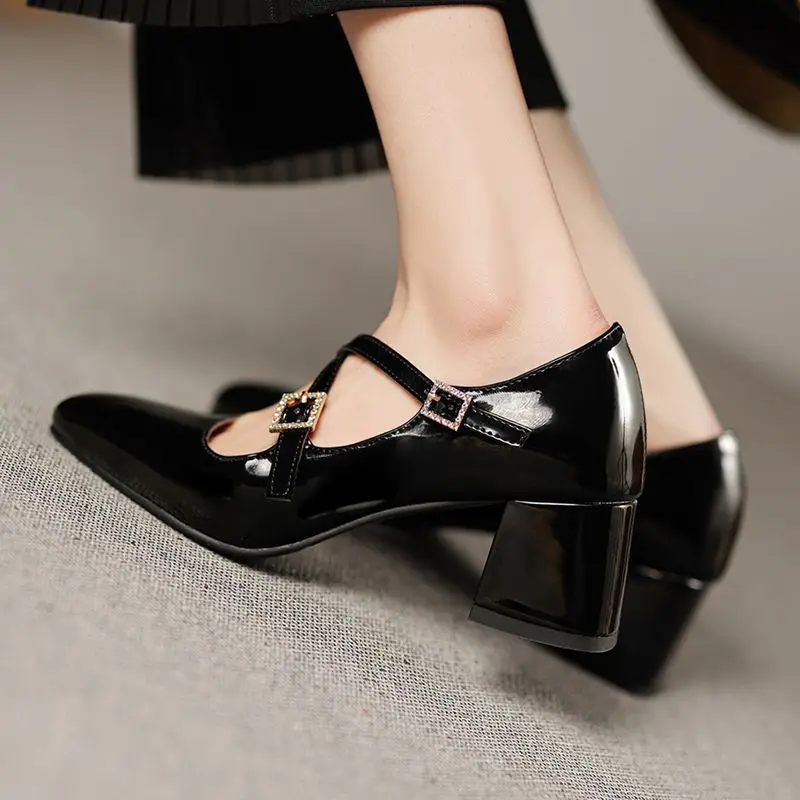 ORCHA LISA Fashion Soft Shiny Women Pumps Square Toe 5.5cm Block Heel Buckle Strap Size 41 42 43 Sweet Mary Janes Shoes Spring