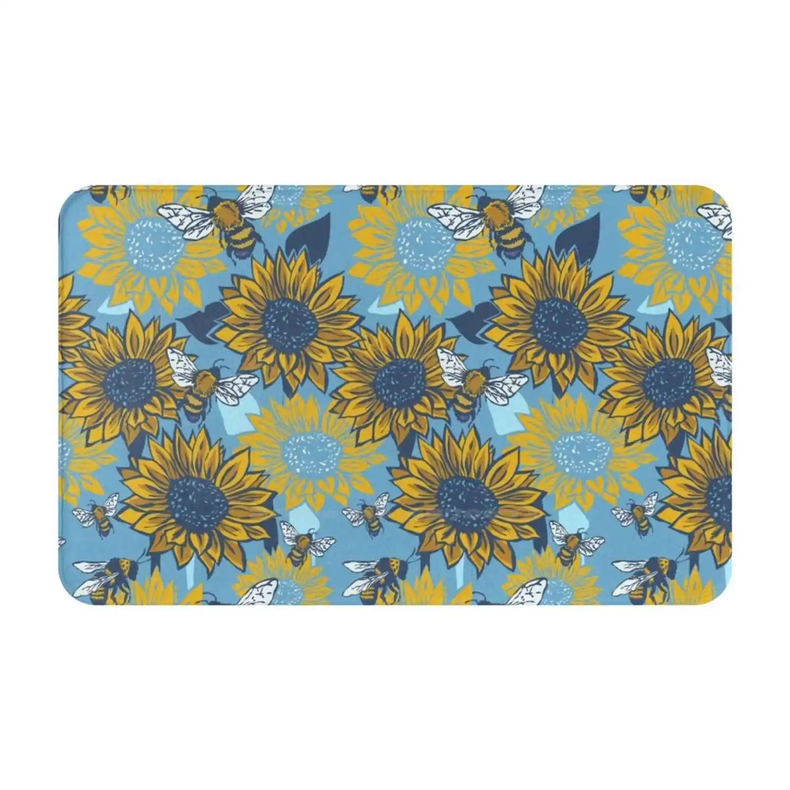 Sunflowers And Busy Bees Linoprint Pattern Soft Cushion Car Home Carpet Door Mat Busy Bees Honey Bees Lino Summer Meadow