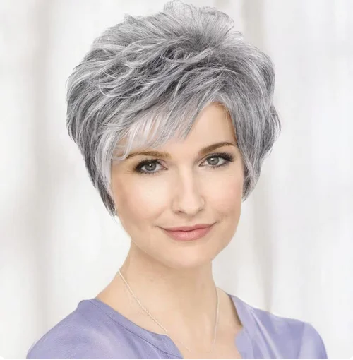 Granny Grey Short Hair Synthetic Fiber Women's Wig Elf Short Hair Bangs Natural Daily Use Of Heat-Resistant Headgear