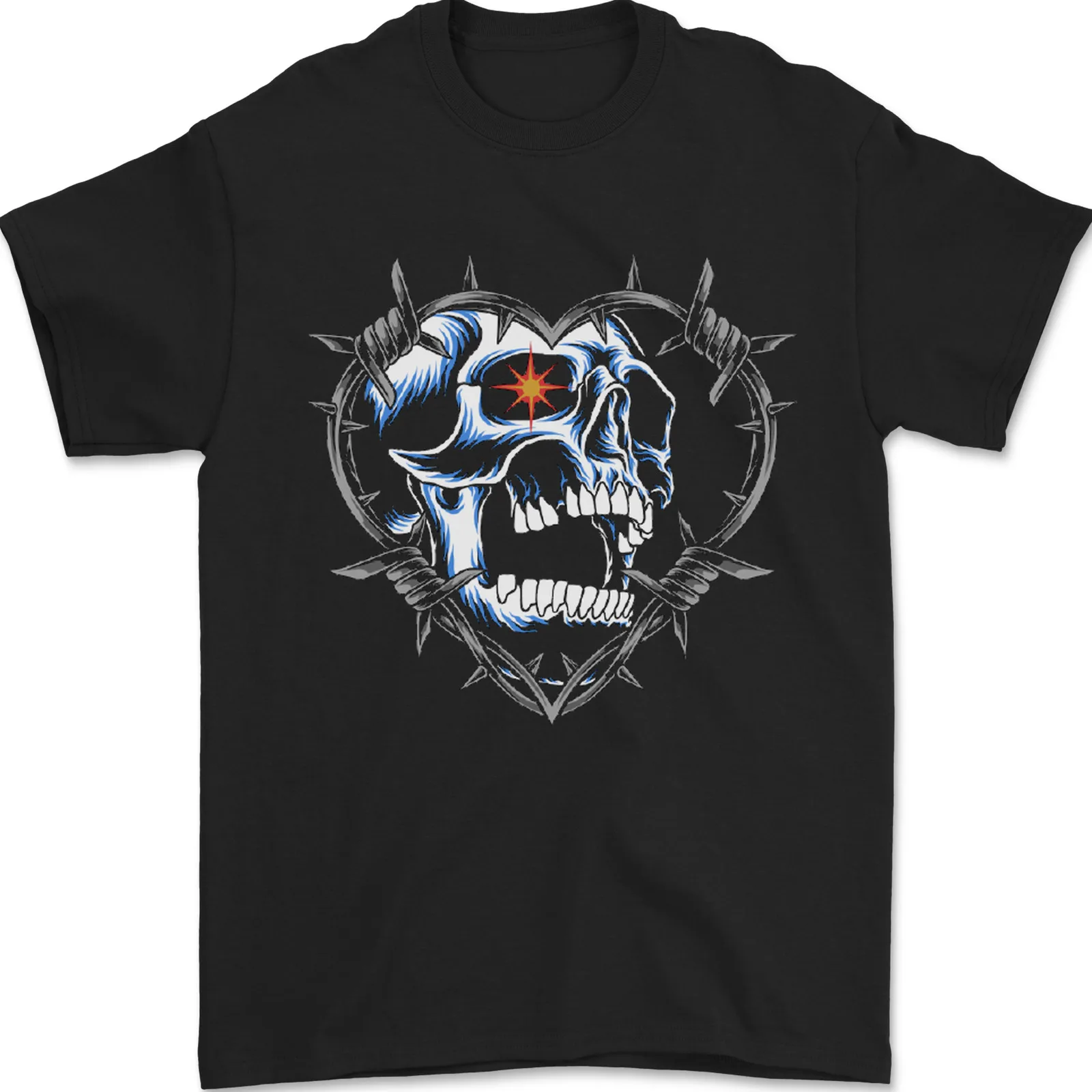 

Skull Love in Barbed Wire Heart Mens T-Shirt 100% Cotton