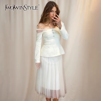 TWOTWINSTYLE Afslanken Tweedelige Set Voor Vrouwen Diagonale Kraag Lange Mouw Tuniek Top Hoge Taille Een Lijn Rok Mode Sets Vrouwelijke