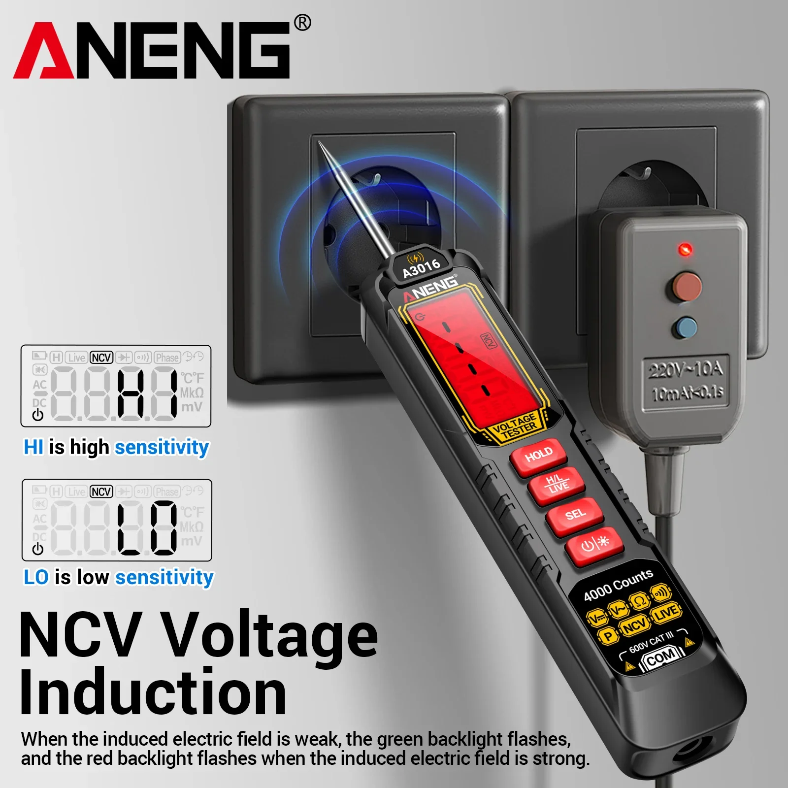 ANENG A3016 Voltage Tester Pen 4000 Counts 600V AC/DC NCV Continuity Phase Sequence Detector for Electricians with Backlight
