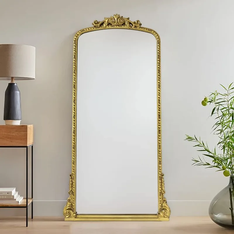 Traditional Ornate Floor Mirror Gold Arched Framed Full Length Wall Mirror Baroque Inspired Full Body Mirror, Antiqued Gold