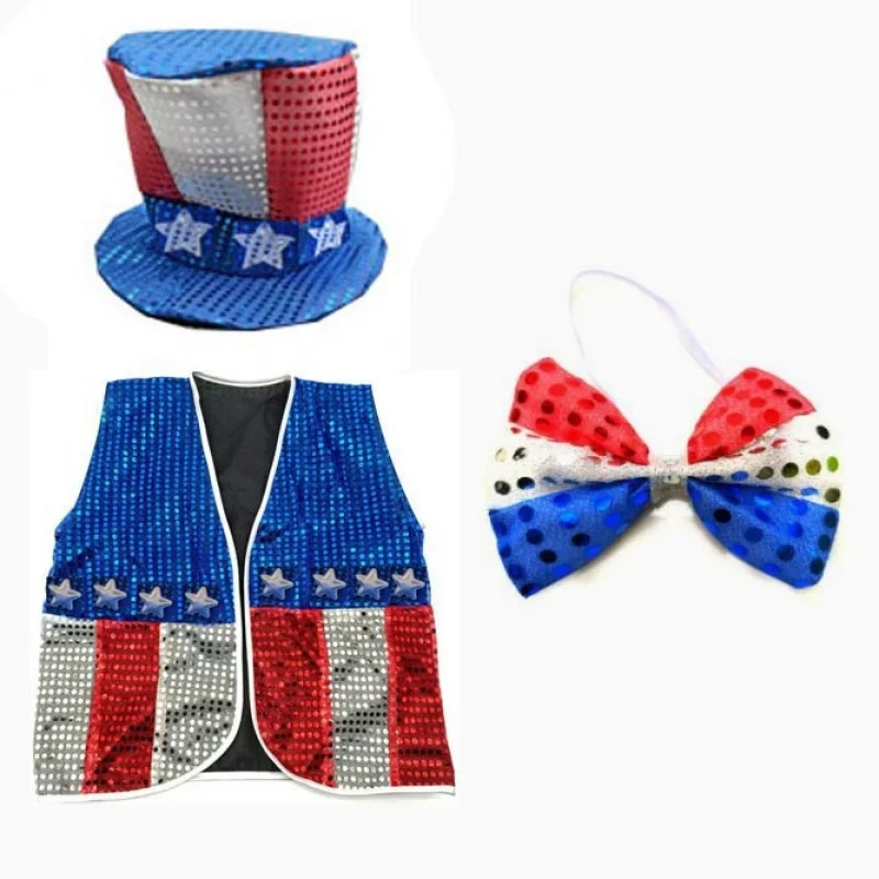 1/2/3 pcs set New American Independence Day unisex Flag Printed Carnival Party Hat Uncle Top Hats Sequined Flags Vest headband