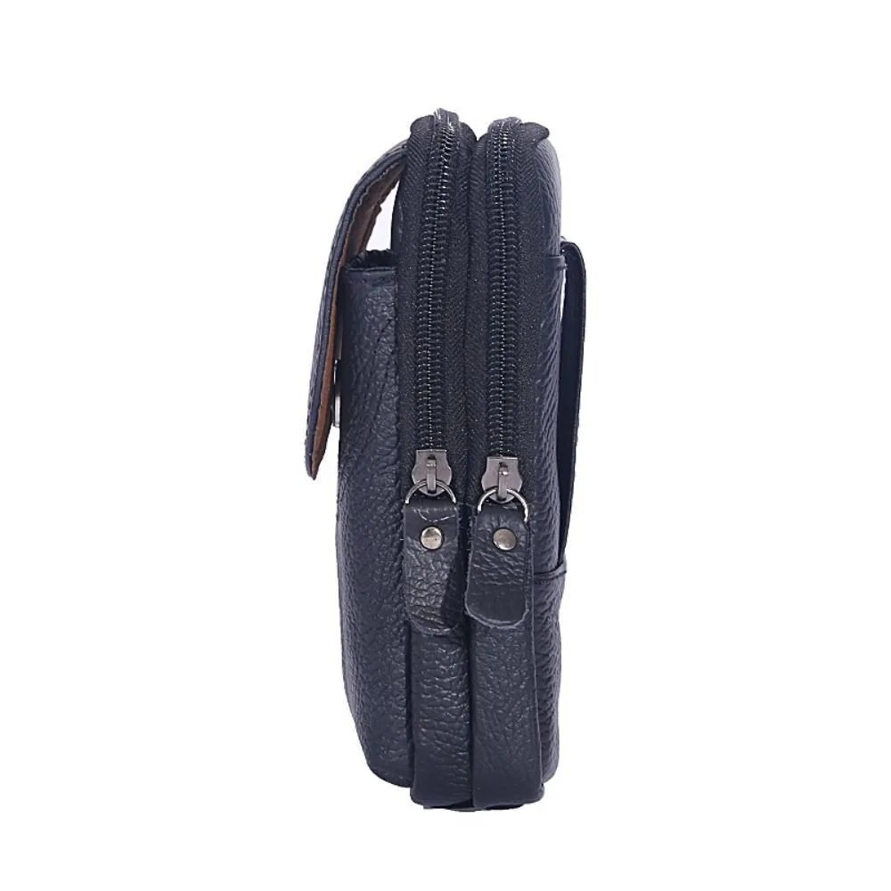 PU Leather Mobile Phone Pouch Multi-layer Solid Color Vertical Phone Belt Hanging Pouch Waterproof Leisure Belt Waist Bag