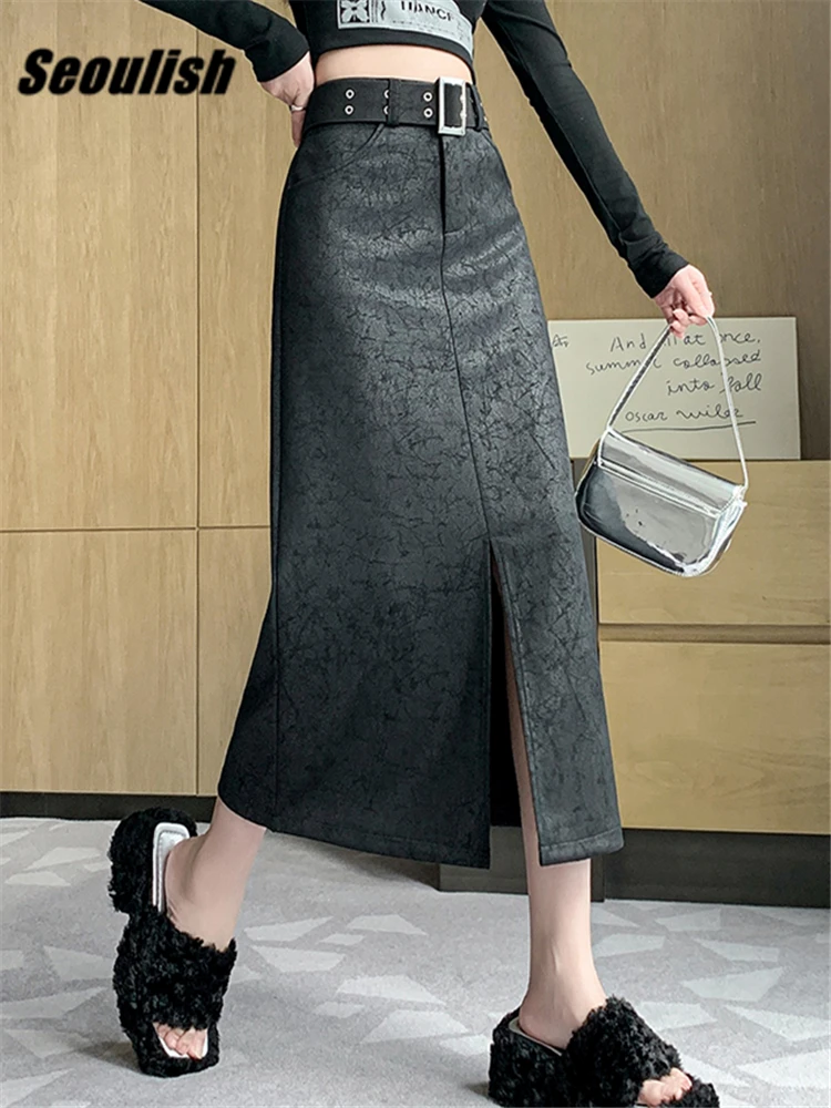 

Seoulish Autumn Winter Vintage Suede Women's Wrap Long Skirts with Belted 2023 New High Waist Front Split Pencil Skirts Female