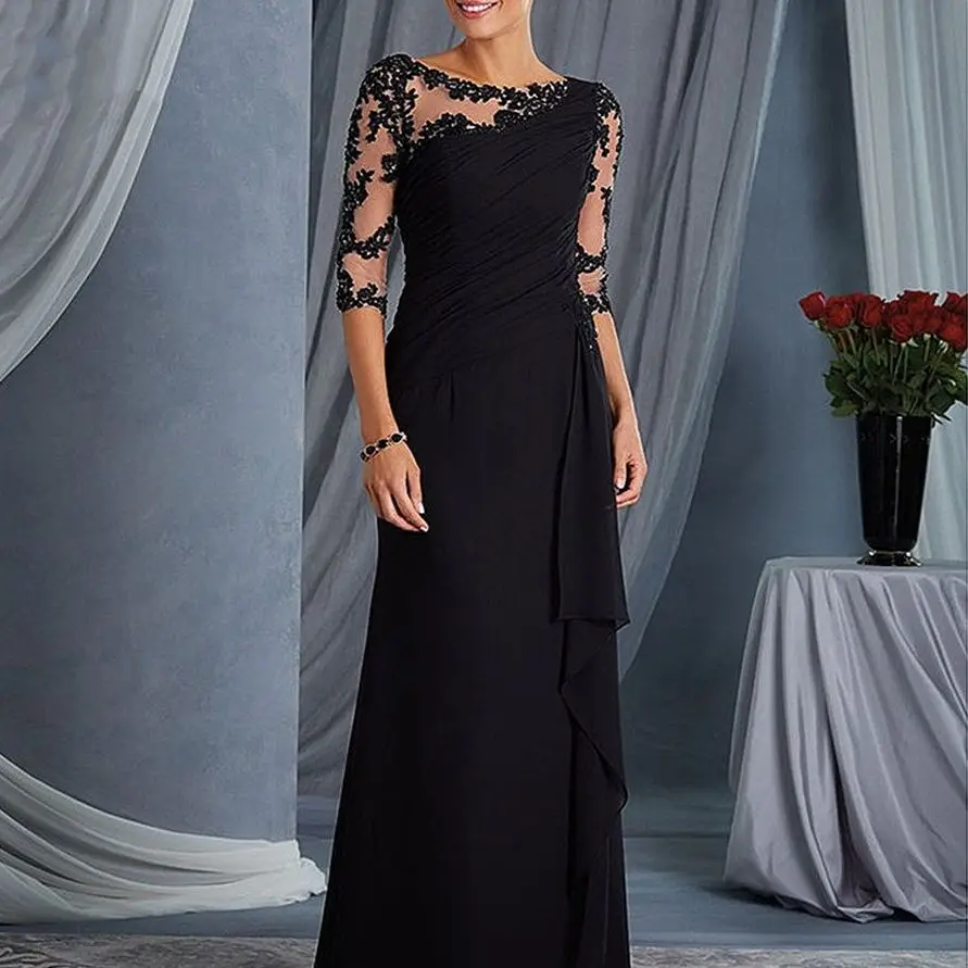 

Black Evening Mother of the Bride Dresses With 3/4 Sleeves Appliques Chiffon Royal Blue Mother Weddings Party Guest Prom Gowns